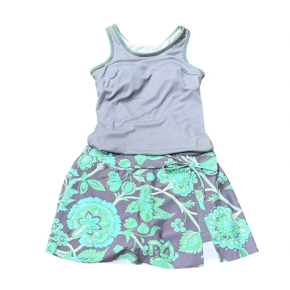 Rotita Swimsuit Women M Grey Green Floral Ribbed Tankini Set Beach Vacation